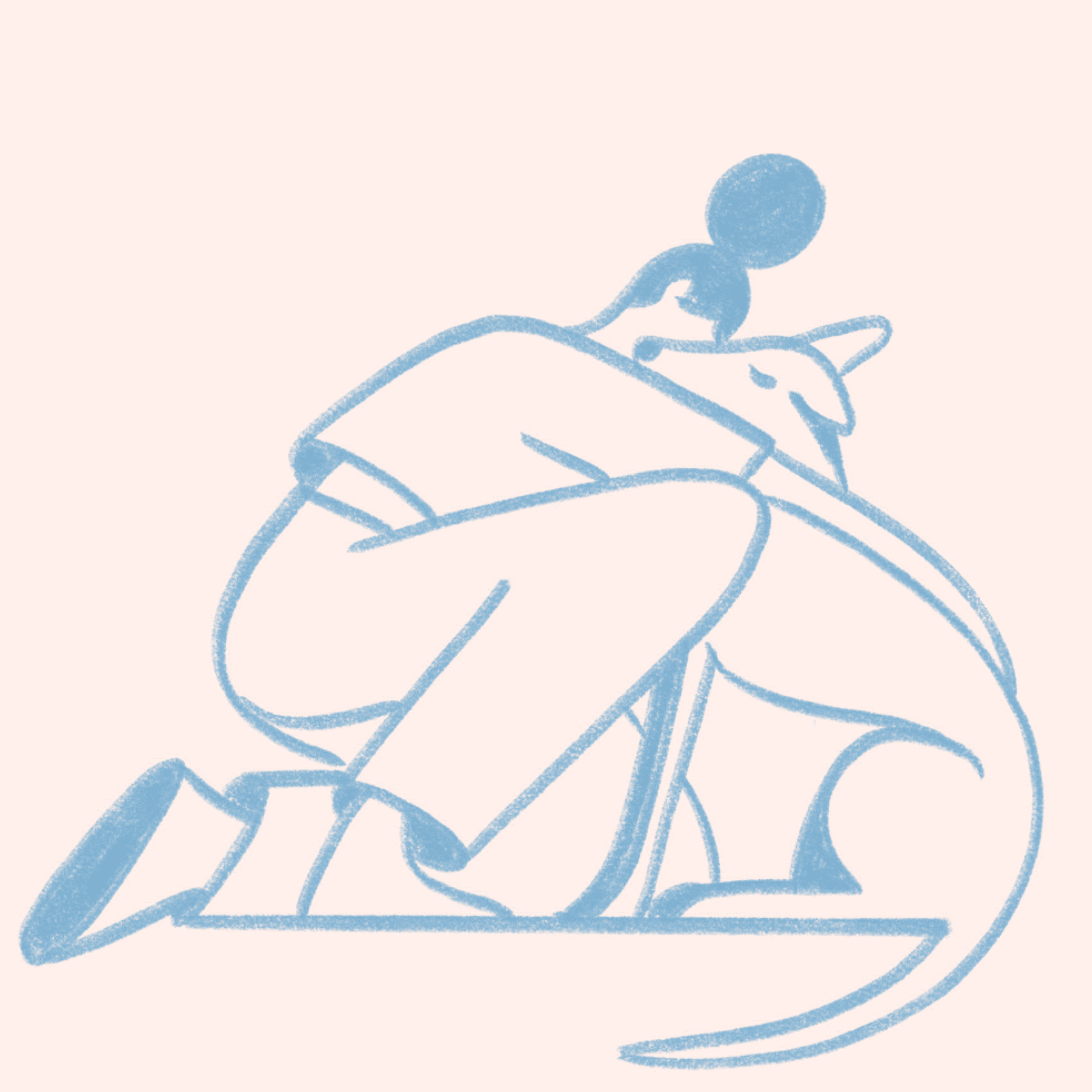 Line illustration of a woman kneeling and hugging her dog